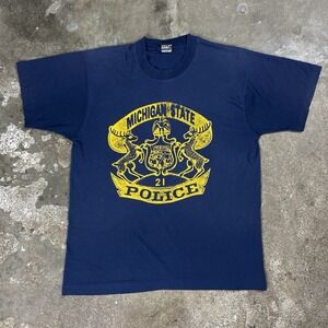 Vintage 90s Michigan State Police T-Shirt Size Large Navy Blue Pendant Graphic